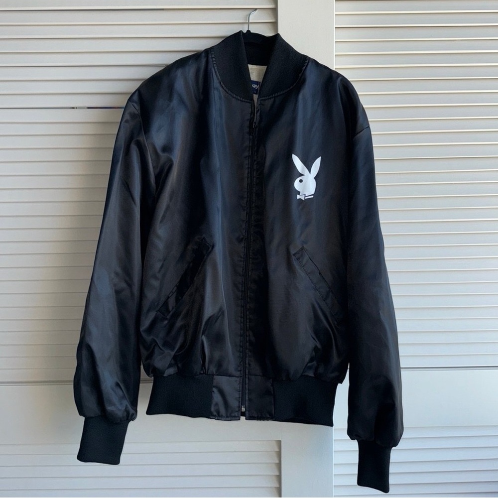 Vintage Holloway Playboy jacket.   Black satin-like material.   Mens L